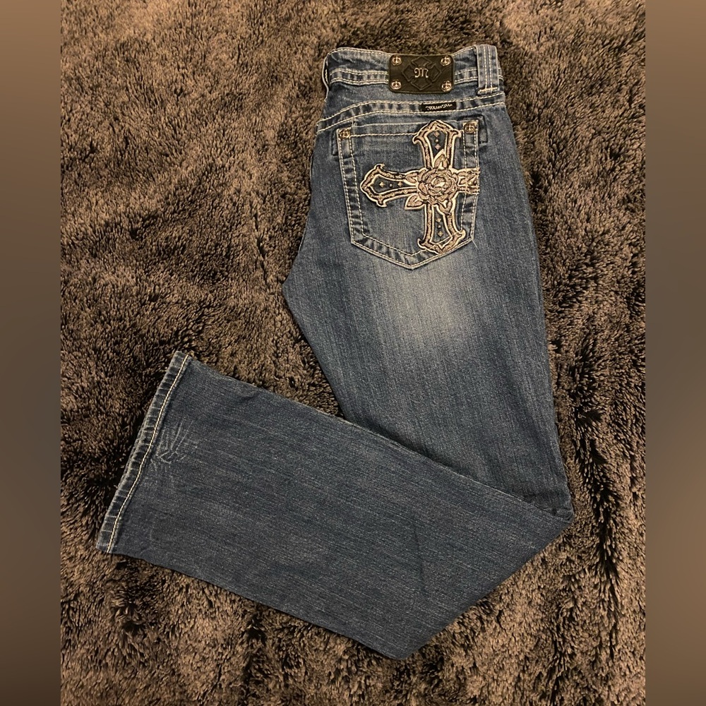 Miss Me Blue Boot Cut Jeans with Cross Embroidery